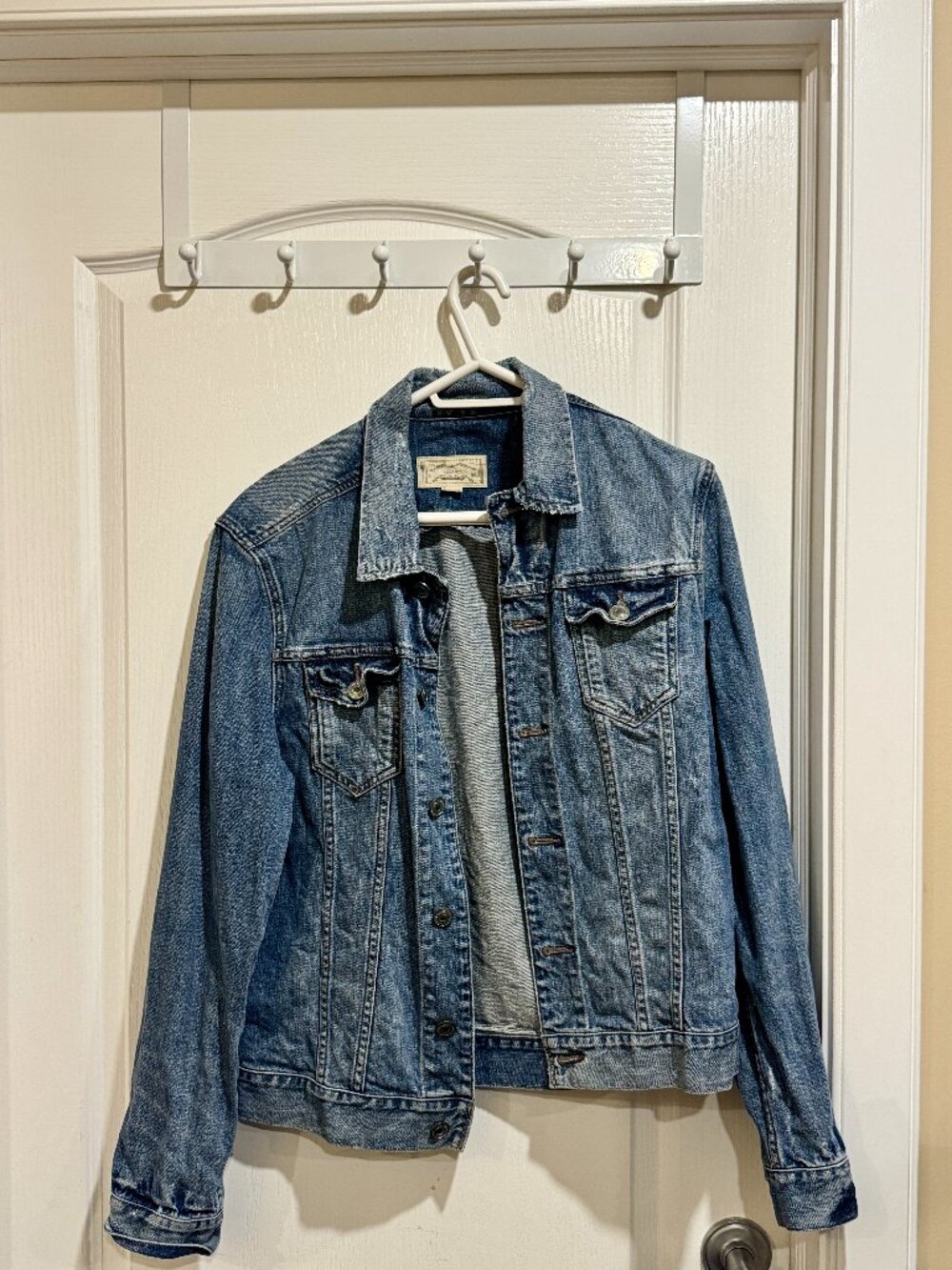 AllSaints London "Kita" Distressed Frayed Denim Trucker Jacket - Men's Large